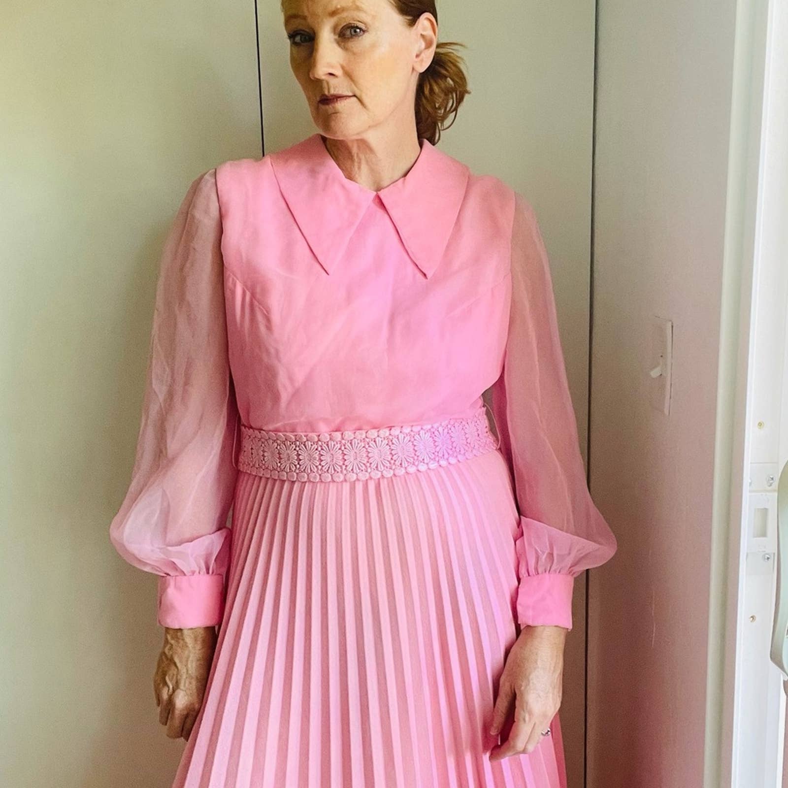 Vintage 70s Pink Formal Chiffon Pleated Full Length Gown Barbie Pink Prom - Image 13