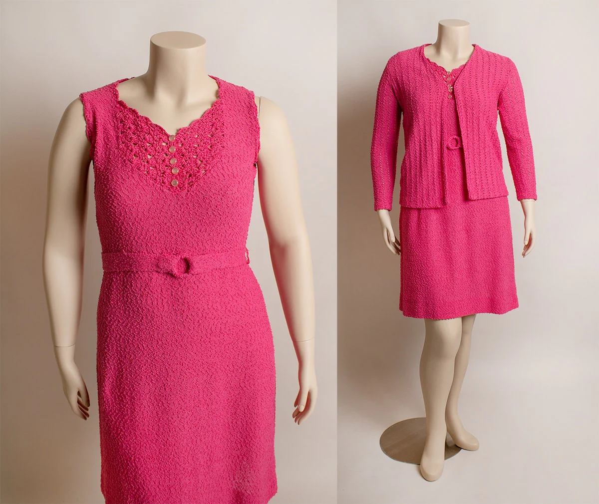 Vintage 70s Pink Knit Dress and Coat Set Hot Pink Bubble Button Sheath Midi Dress with Matching Jacket Medium Large by Katrina Custom - Image 2