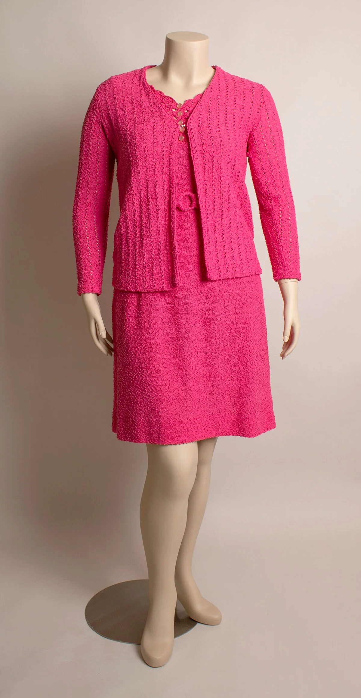 Vintage 70s Pink Knit Dress and Coat Set Hot Pink Bubble Button Sheath Midi Dress with Matching Jacket Medium Large by Katrina Custom - Image 7