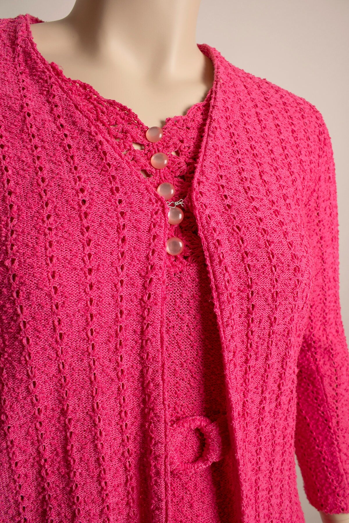 Vintage 70s Pink Knit Dress and Coat Set Hot Pink Bubble Button Sheath Midi Dress with Matching Jacket Medium Large by Katrina Custom - Image 9