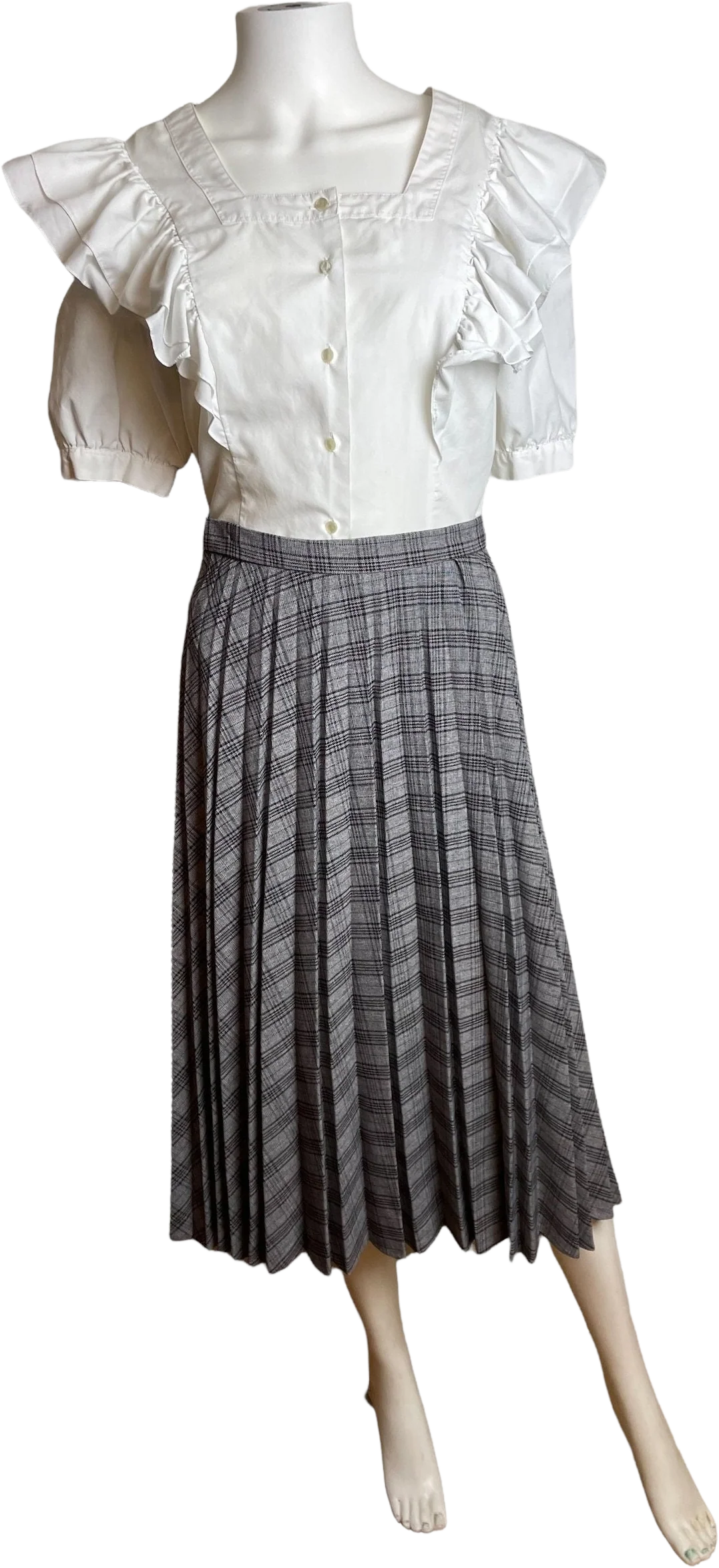 Vintage 70s Pleated Plaid Gray Blue Brown Skirt