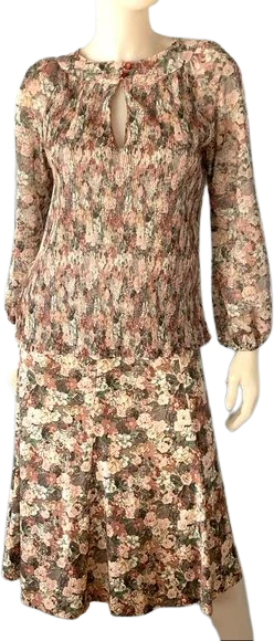 Vintage 70s Plisse Floral Two Piece Dress Print Jersey