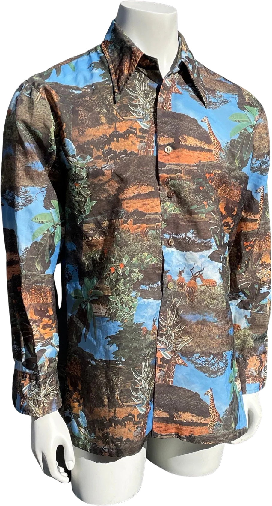 Vintage 70s Polyester Photoprint Shirt Safary Landscape Wild Animals Print Size Large by Trafalgar