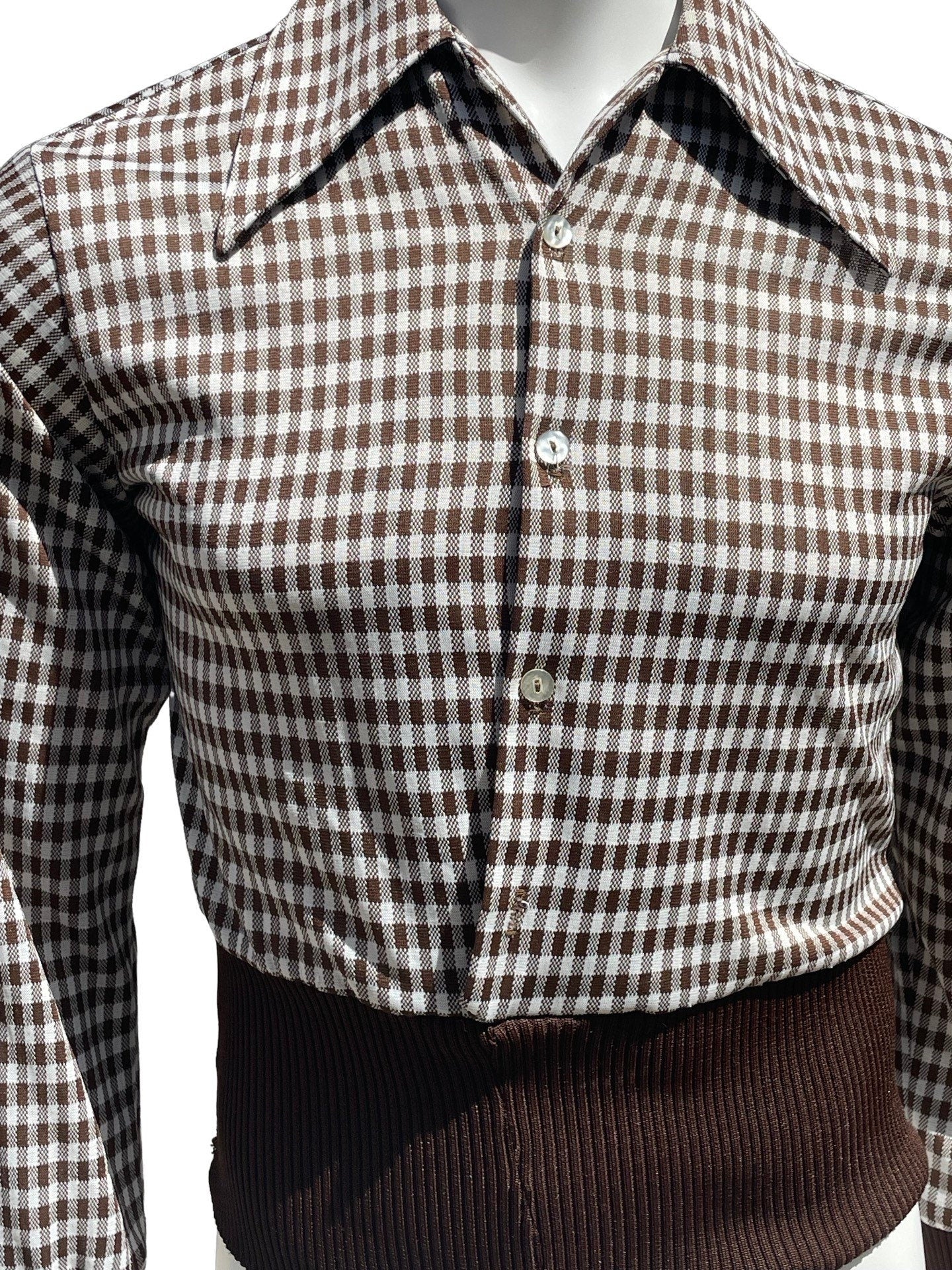 Vintage 70s Polyester Shirt Sexy Muscle Shirt Disco Waist Band Deep V Pointy Collar Plaid Shirt Small by Joel - Image 3