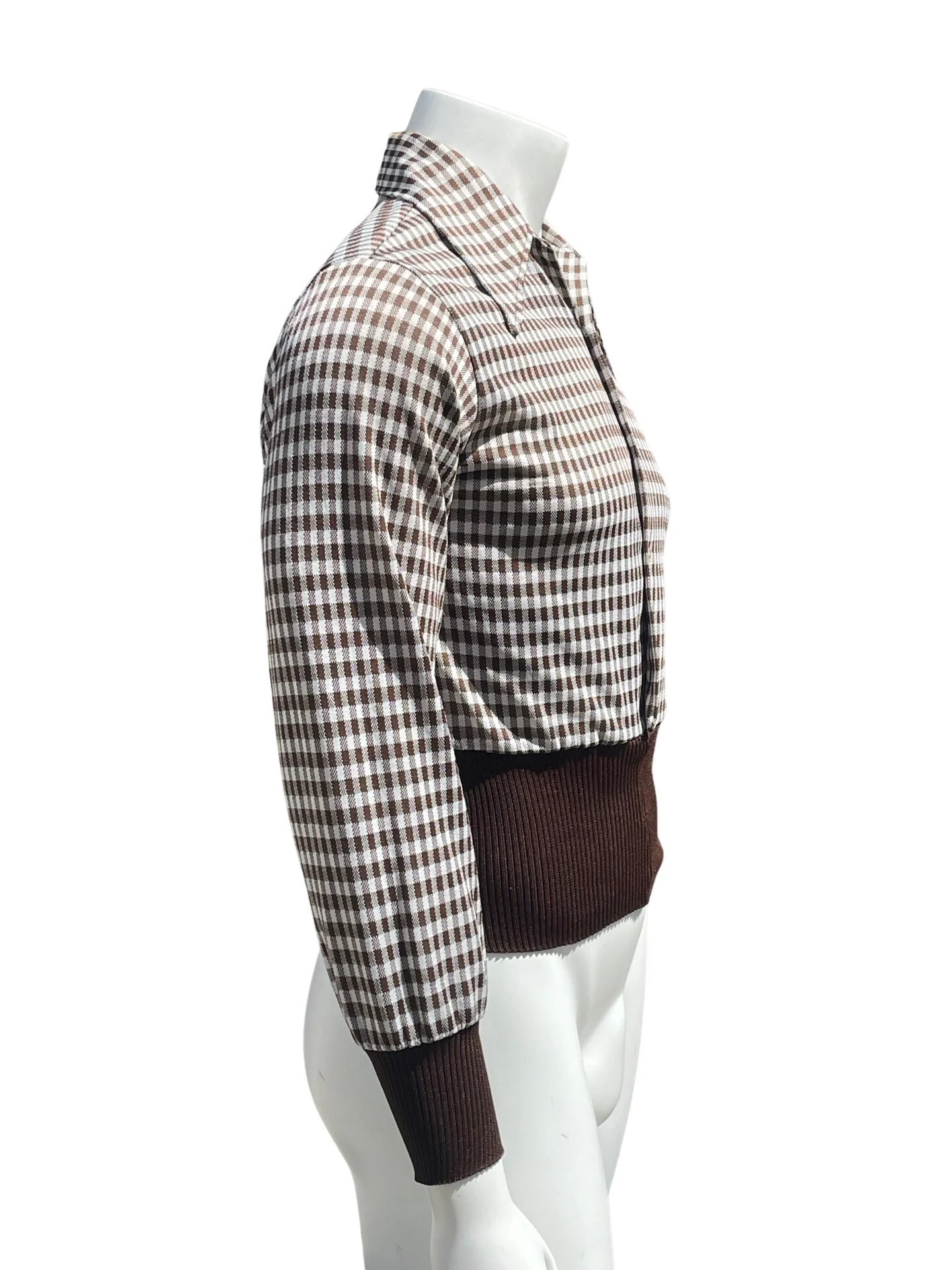 Vintage 70s Polyester Shirt Sexy Muscle Shirt Disco Waist Band Deep V Pointy Collar Plaid Shirt Small by Joel - Image 5