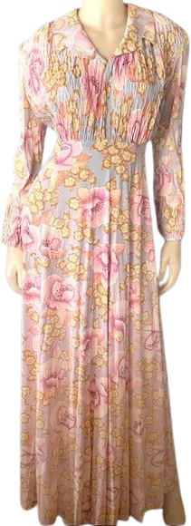 Vintage 70s Poppy Print Long Dress Gown Smocked Floral