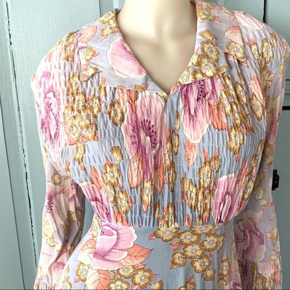 Vintage 70s Poppy Print Long Dress Gown Smocked Floral - Image 2