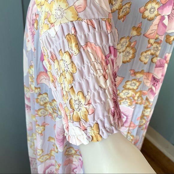 Vintage 70s Poppy Print Long Dress Gown Smocked Floral - Image 3
