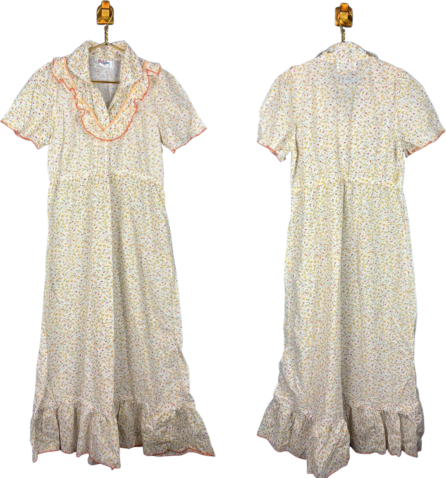 Vintage 70s Prairie Dress Maxi Yellow Ditsy Floral Collared Ruffle Sz L by Red Swallow