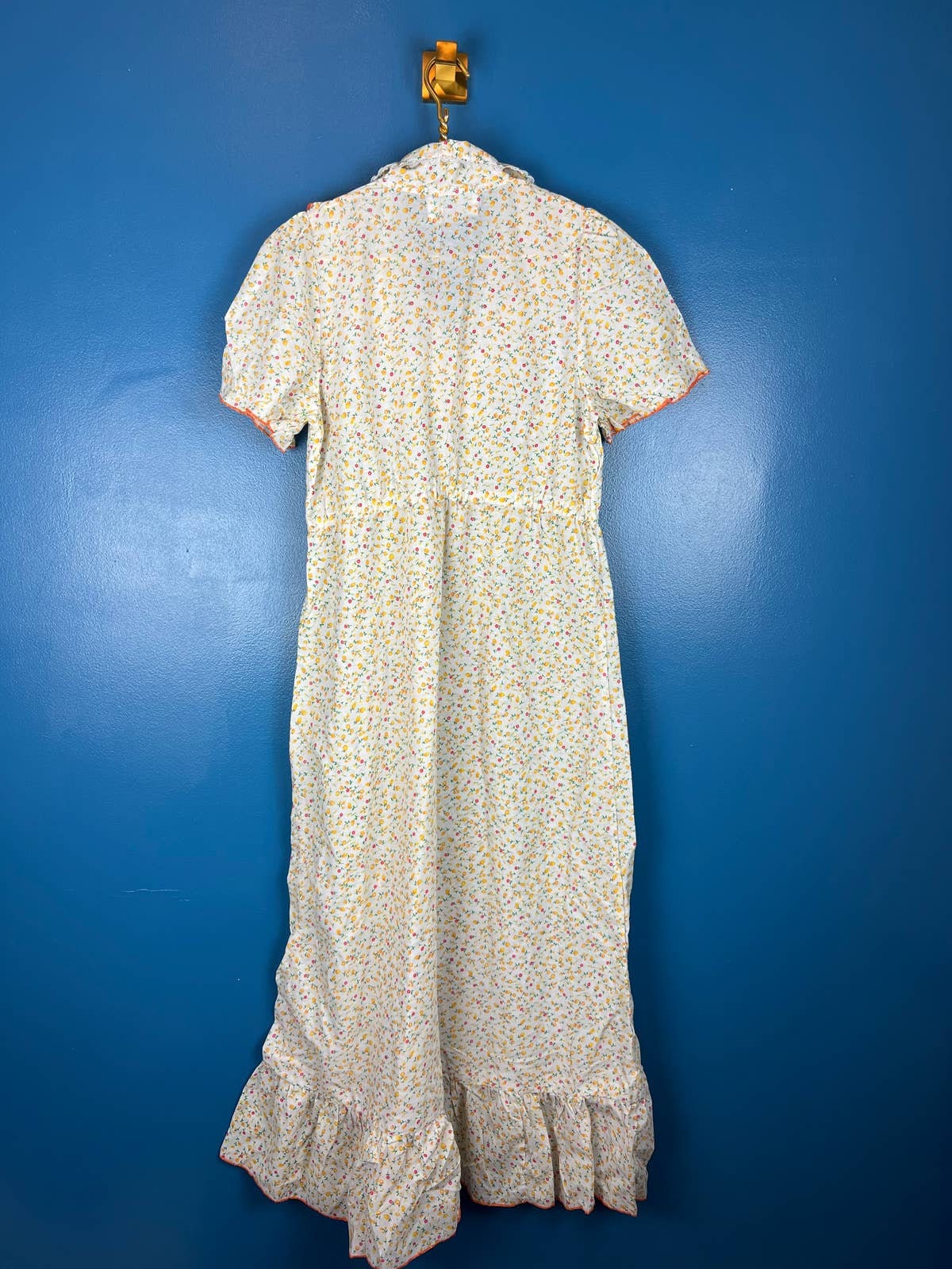 Vintage 70s Prairie Dress Maxi Yellow Ditsy Floral Collared Ruffle Sz L by Red Swallow - Image 3