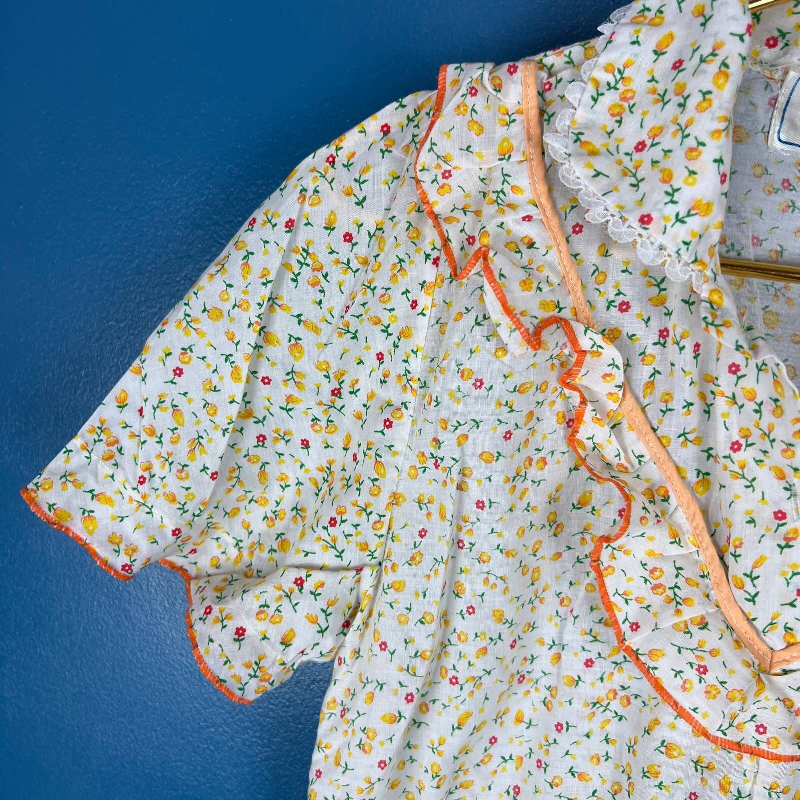 Vintage 70s Prairie Dress Maxi Yellow Ditsy Floral Collared Ruffle Sz L by Red Swallow - Image 5