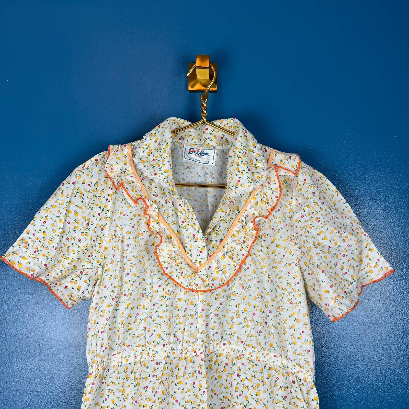 Vintage 70s Prairie Dress Maxi Yellow Ditsy Floral Collared Ruffle Sz L by Red Swallow - Image 8