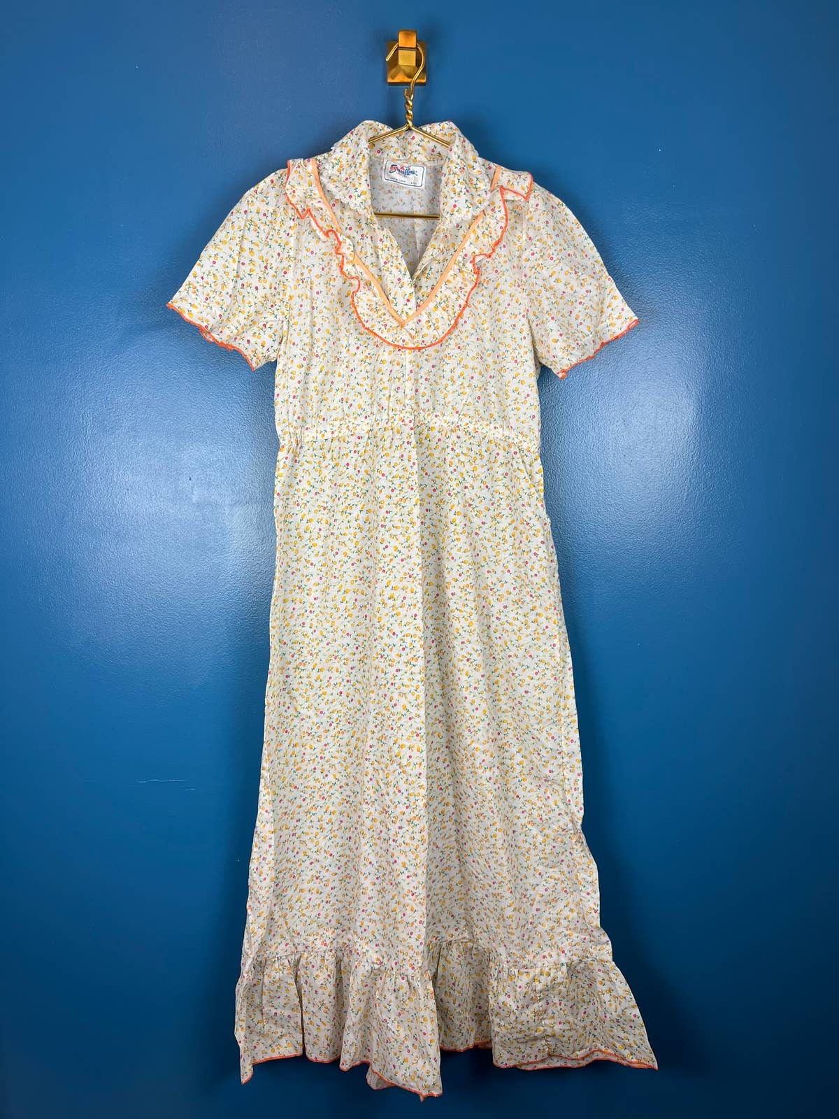 Vintage 70s Prairie Dress Maxi Yellow Ditsy Floral Collared Ruffle Sz L by Red Swallow - Image 9