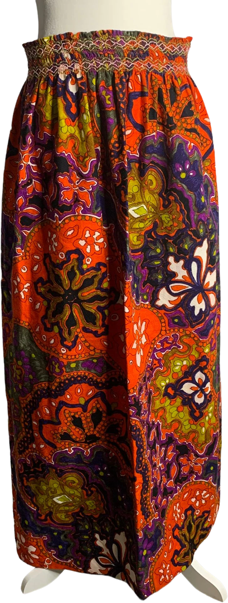 Vintage 70s Psychedelic Tropical Maxi Skirt M Orange Floral Barkcloth