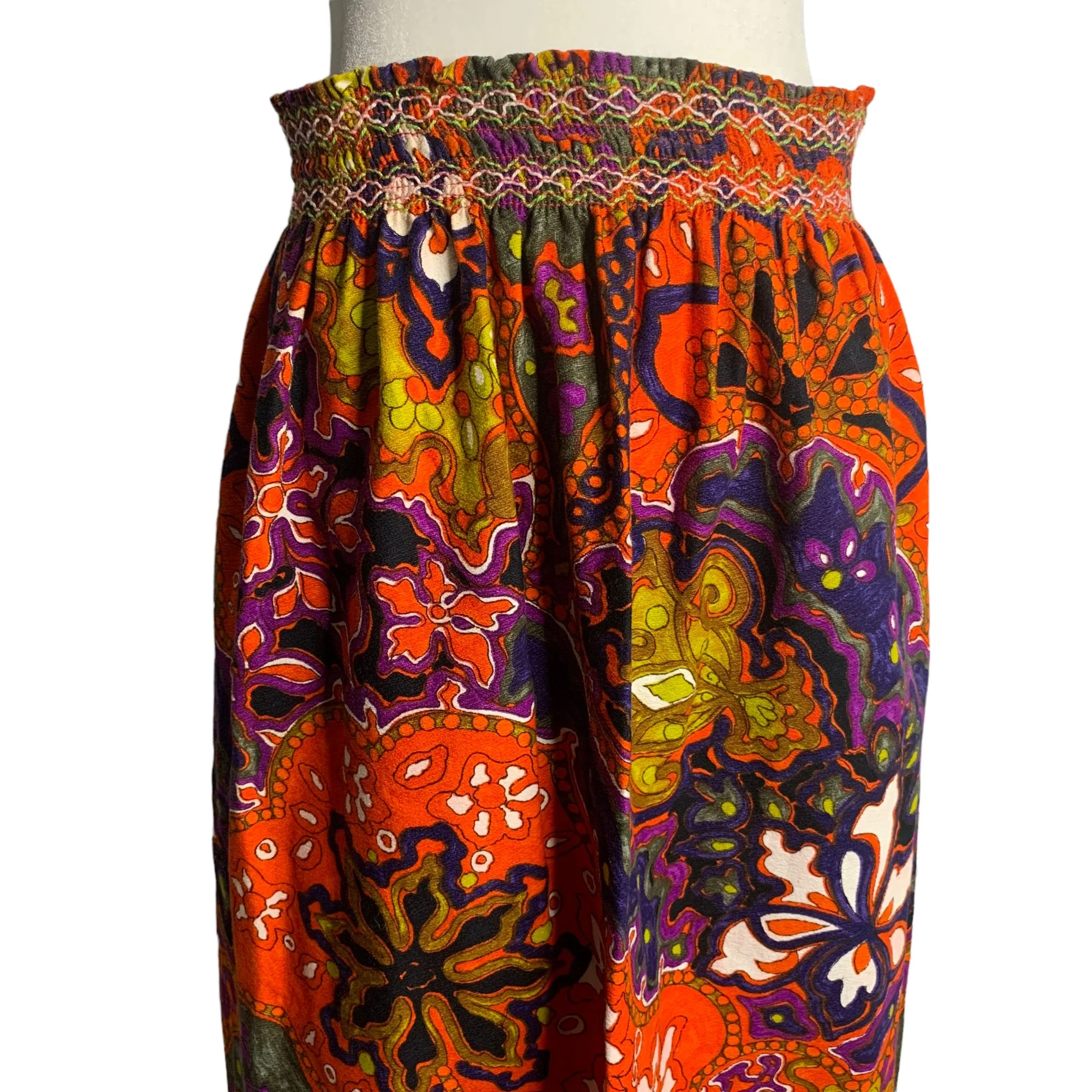 Vintage 70s Psychedelic Tropical Maxi Skirt M Orange Floral Barkcloth - Image 2