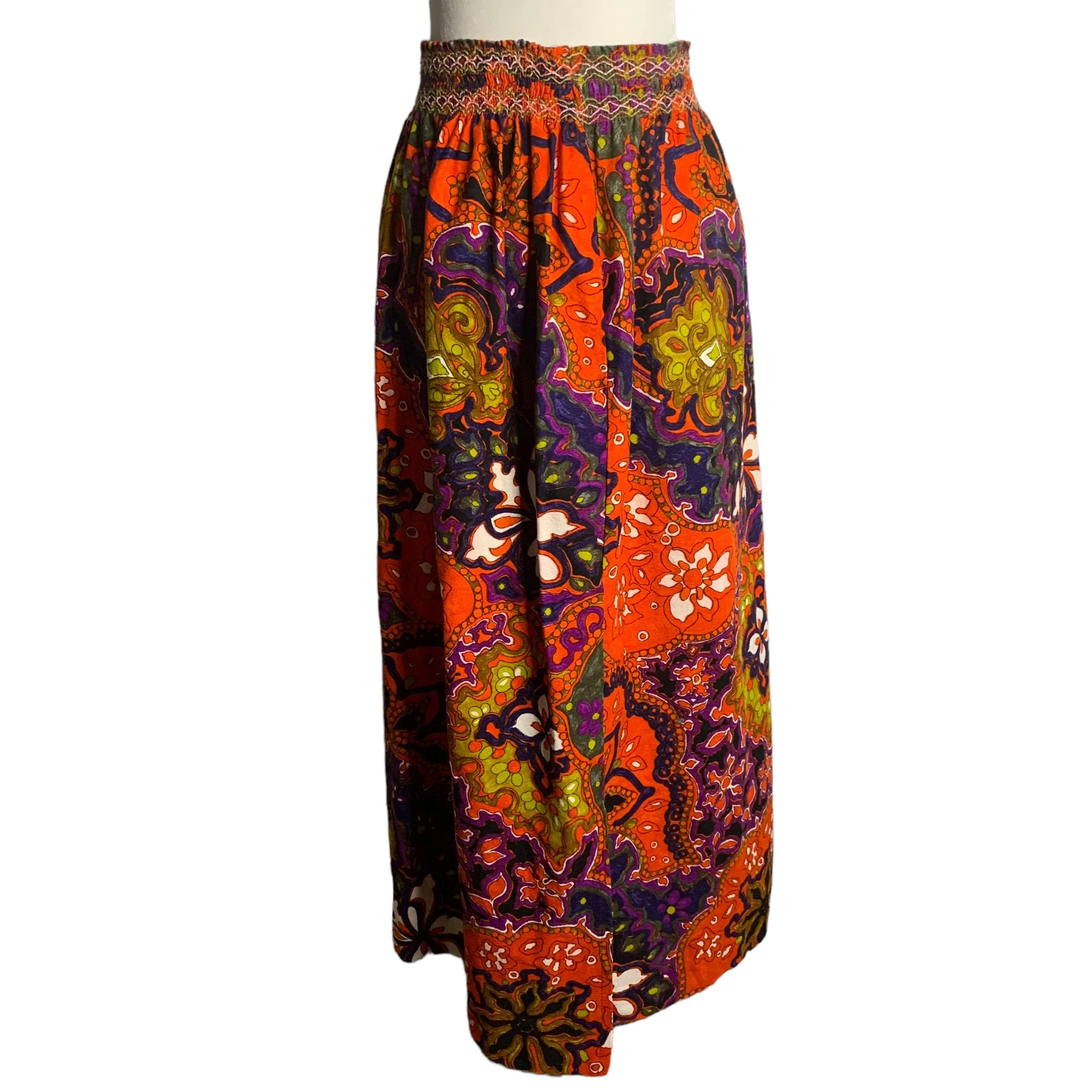 Vintage 70s Psychedelic Tropical Maxi Skirt M Orange Floral Barkcloth - Image 3