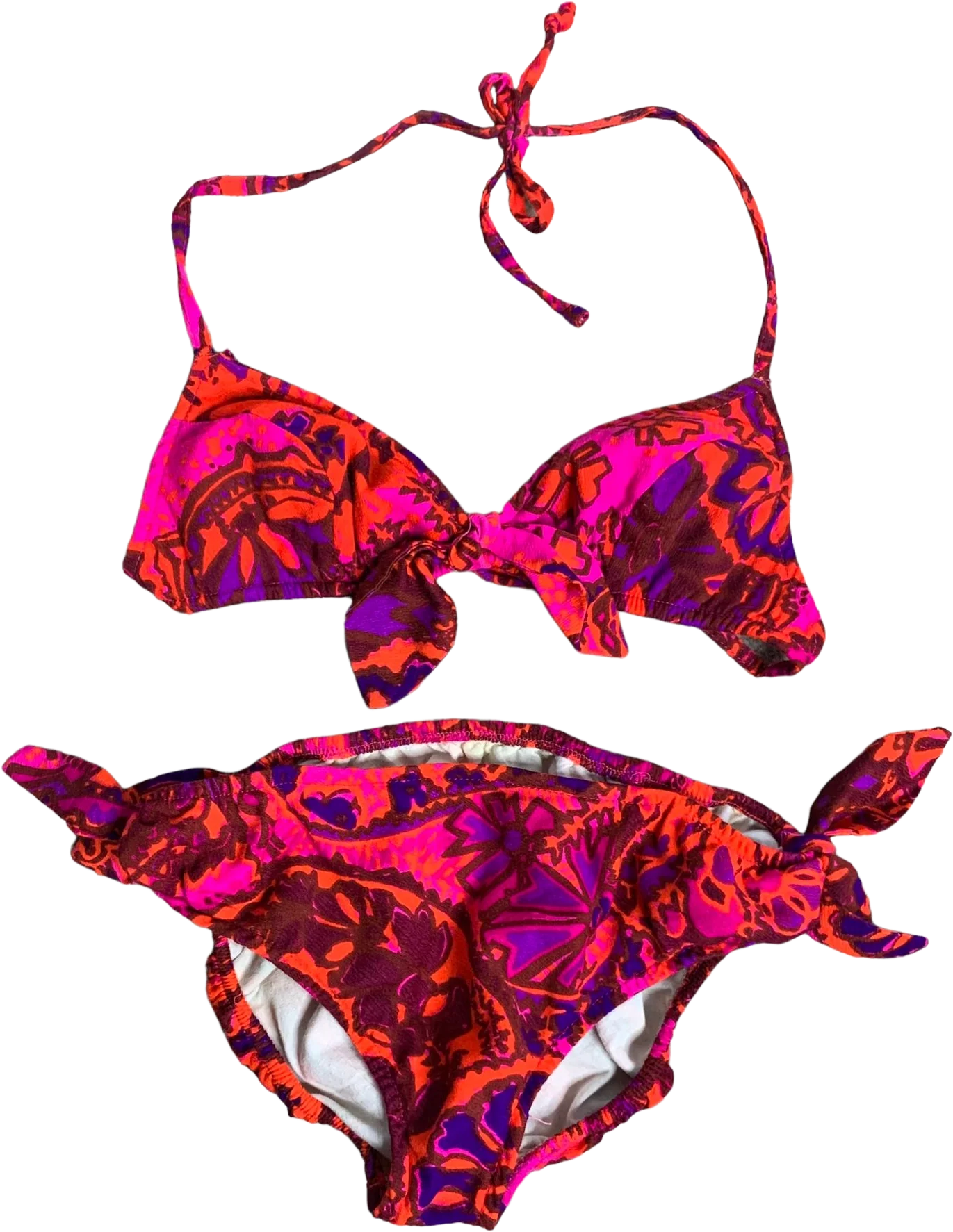 Vintage 70s Psychedelic Two Piece Bikini S Pink Elastic Low Rise Adjustable Ties by Jc Penny