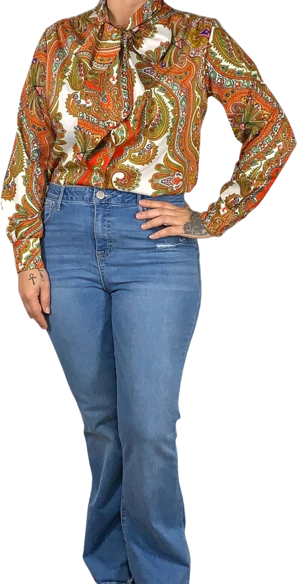 Vintage 70s Pussybow Ornate Print Long Sleeve Top