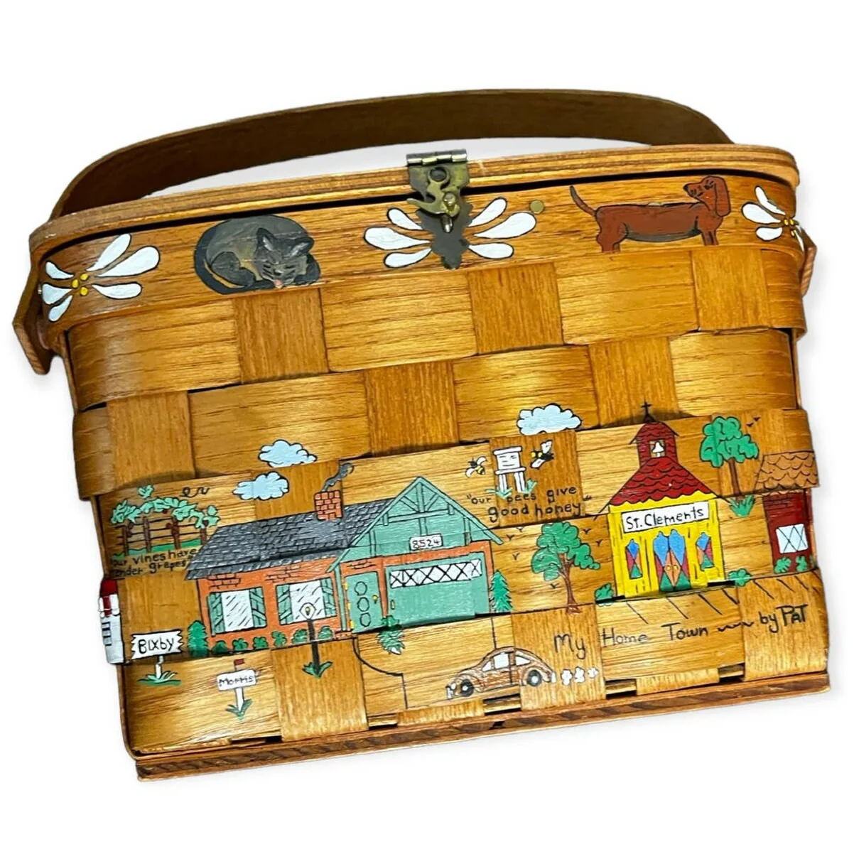 Vintage 70s Putney Vermont Hand Painted Wooden Picnic Basket Purse by Basketville - Image 3