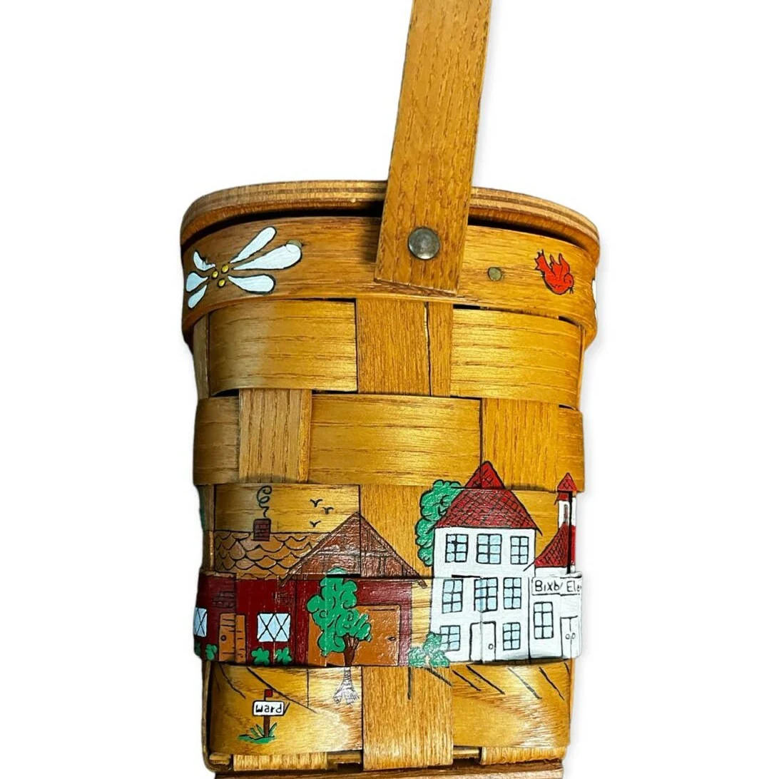 Vintage 70s Putney Vermont Hand Painted Wooden Picnic Basket Purse by Basketville - Image 4