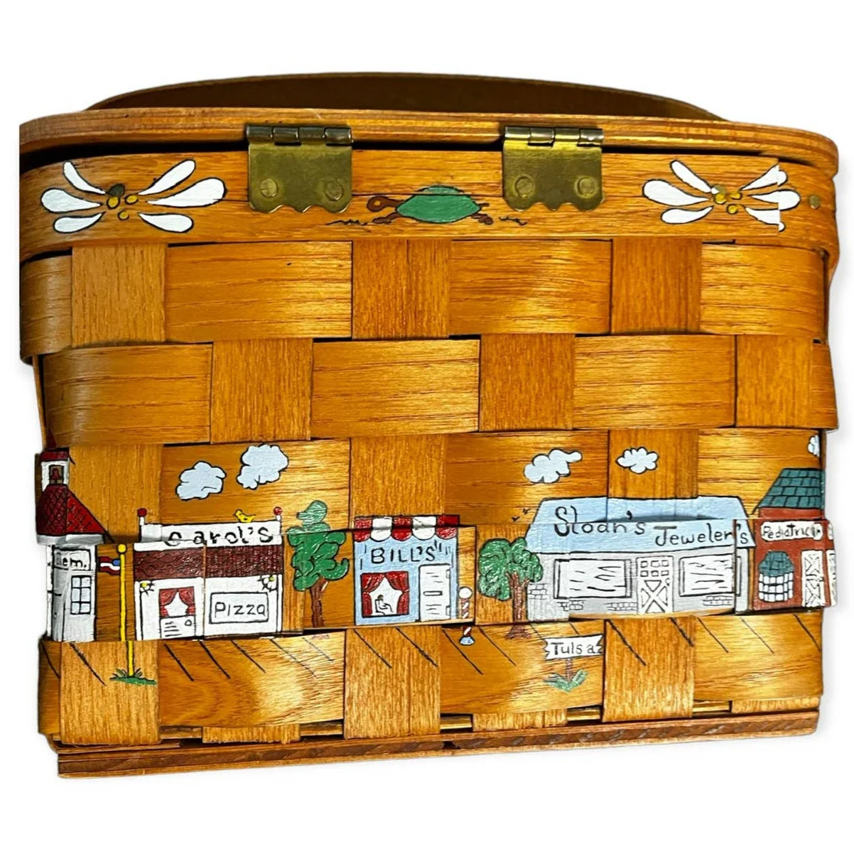Vintage 70s Putney Vermont Hand Painted Wooden Picnic Basket Purse by Basketville - Image 5