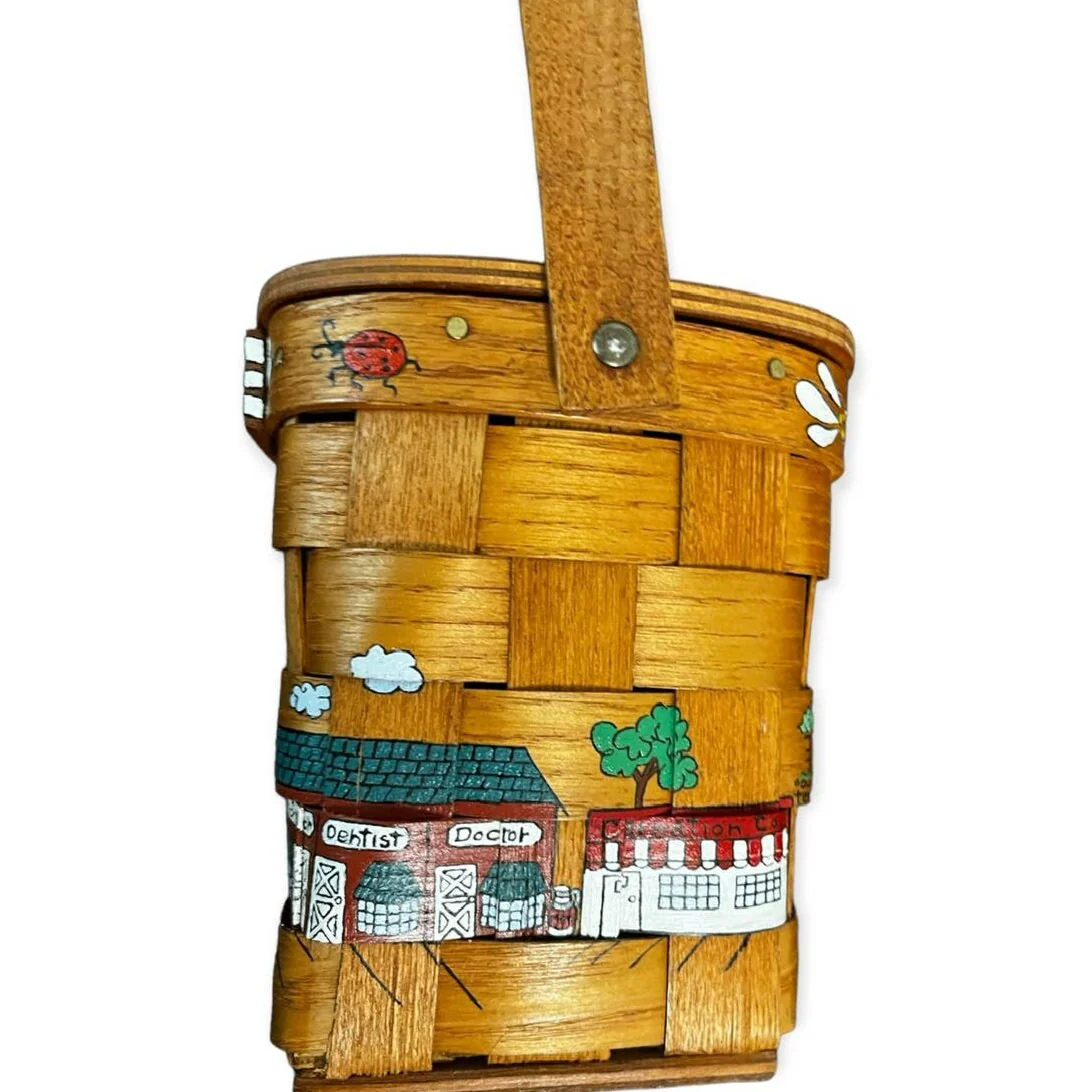 Vintage 70s Putney Vermont Hand Painted Wooden Picnic Basket Purse by Basketville - Image 6