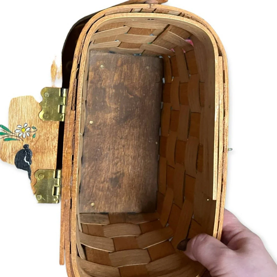 Vintage 70s Putney Vermont Hand Painted Wooden Picnic Basket Purse by Basketville - Image 7