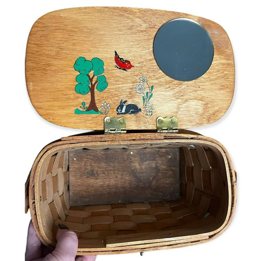 Vintage 70s Putney Vermont Hand Painted Wooden Picnic Basket Purse by Basketville - Image 8