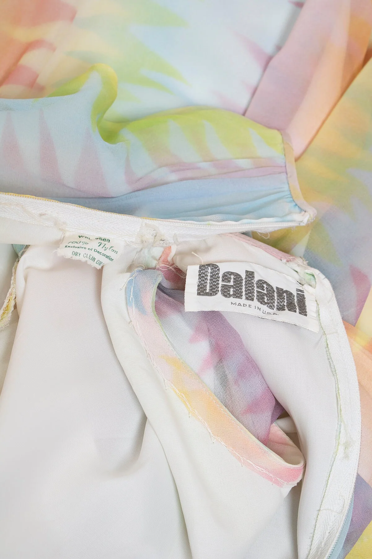 Vintage 70s Rainbow Chiffon Maxi Dress Pastel Tie Dye Effect Sheer Nylon Sleeveless Summer Gown Dalani Xs Small - Image 10