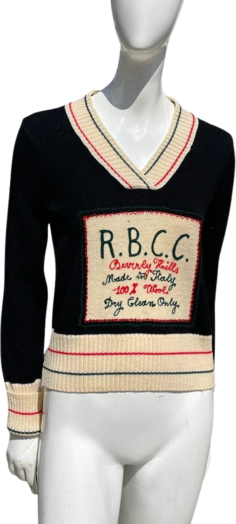 Vintage 70s Rbcc Beverly Hills V-Neck Sweater Made In Italy Short Small Knitted Embroidered Front Label by Rbcc