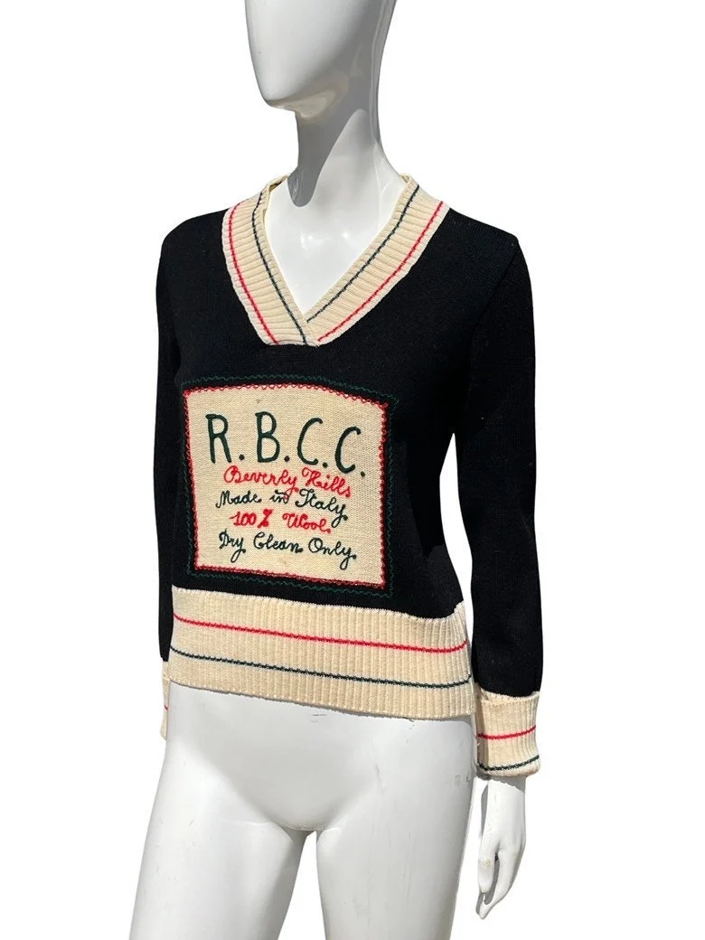 Vintage 70s Rbcc Beverly Hills V-Neck Sweater Made In Italy Short Small Knitted Embroidered Front Label by Rbcc - Image 2