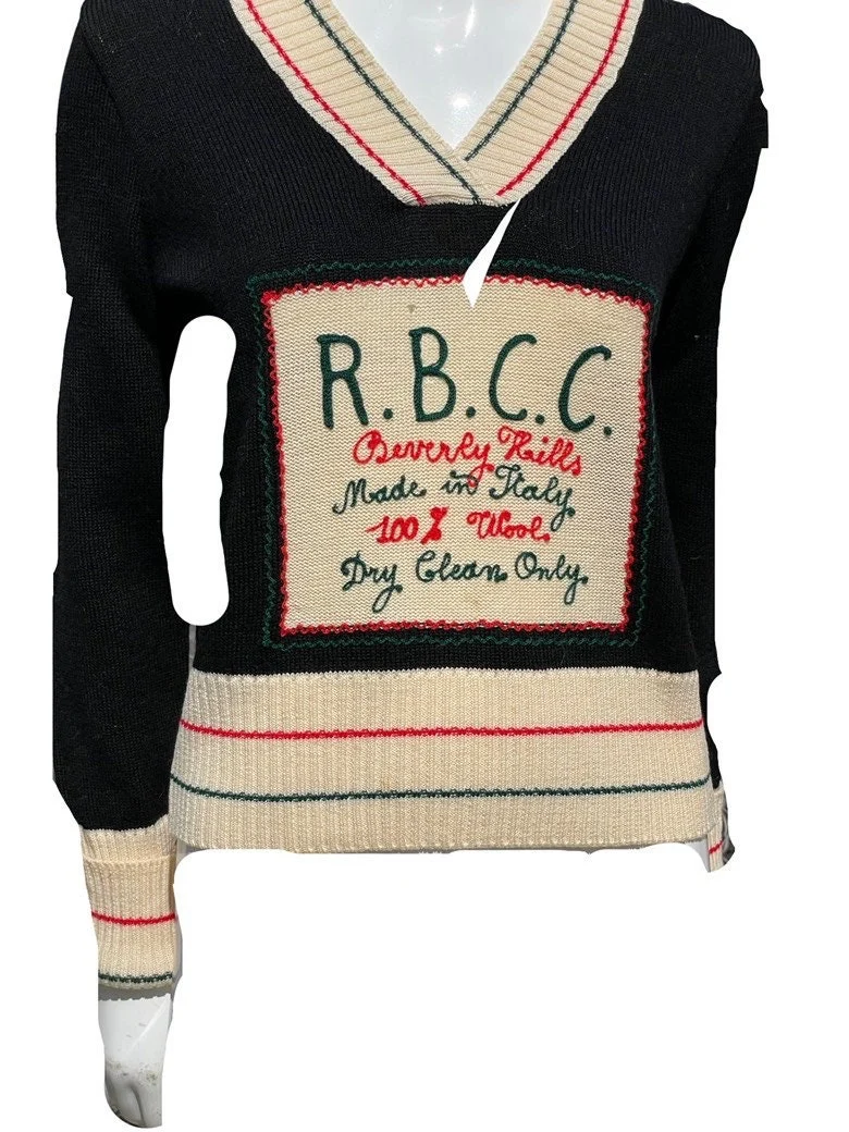 Vintage 70s Rbcc Beverly Hills V-Neck Sweater Made In Italy Short Small Knitted Embroidered Front Label by Rbcc - Image 4