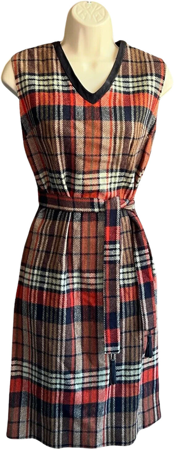 Vintage 70s Red Black Plaid Wool Preppy Tie Mini School Girl Dress Flaw