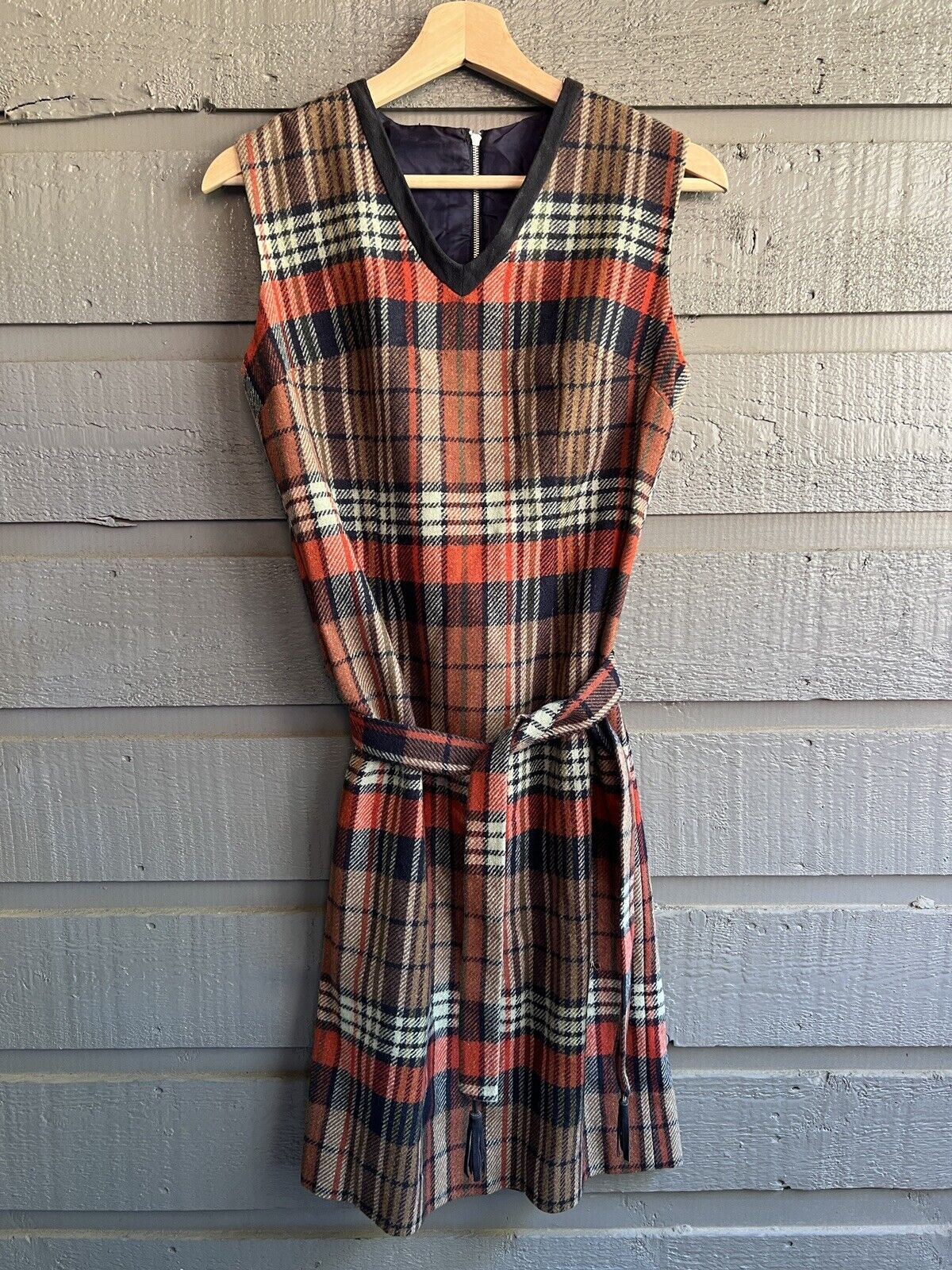 Vintage 70s Red Black Plaid Wool Preppy Tie Mini School Girl Dress Flaw - Image 12