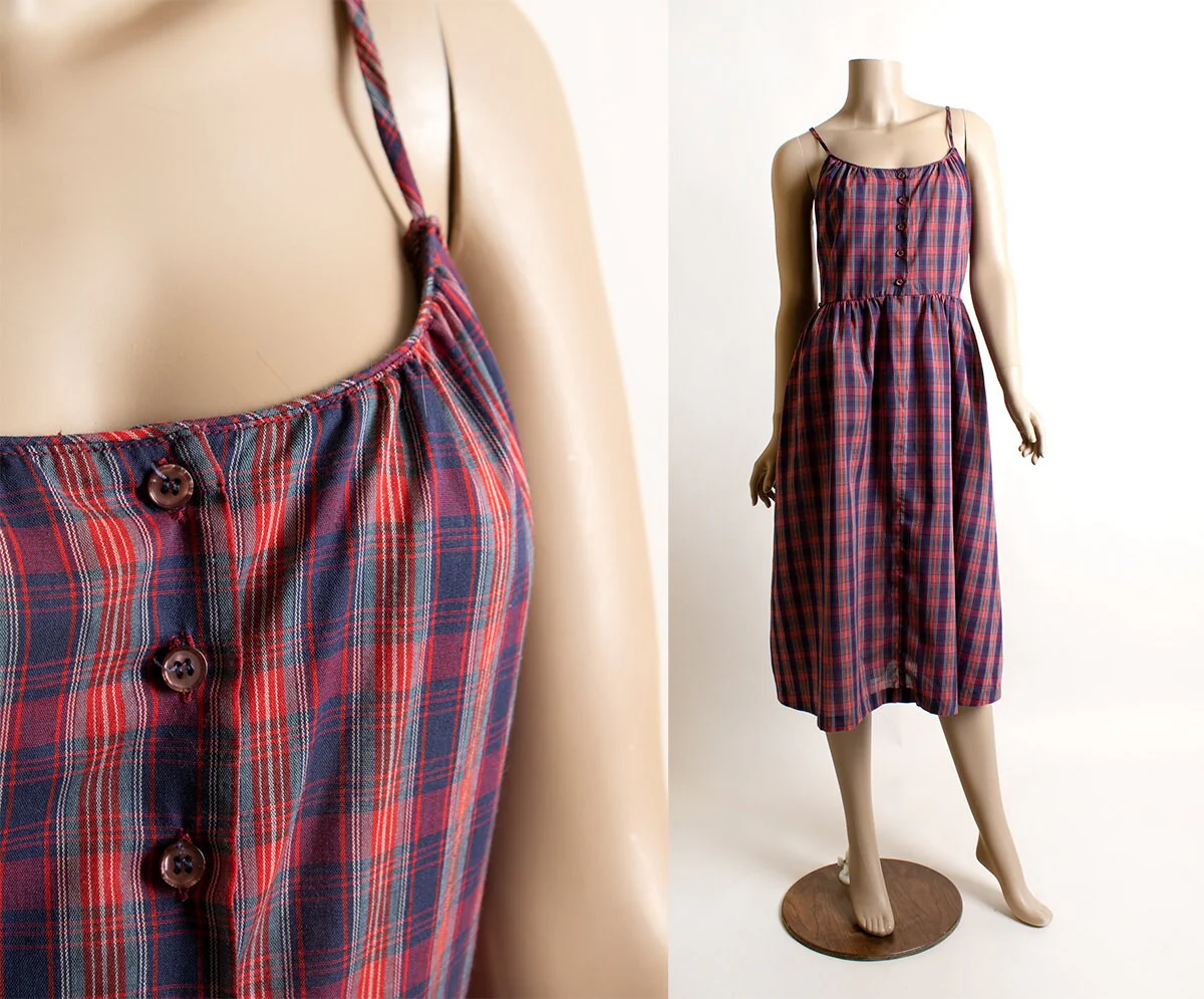 Vintage 70s Red Blue Plaid Print Button Down Summer Dress Light Cotton by S. Howard Hirsh & I.magnin - Image 3