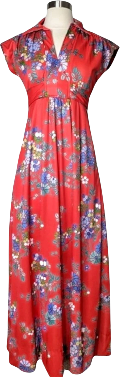 Vintage 70s Red Floral Cap Sleeve Tie Back Maxi Dress