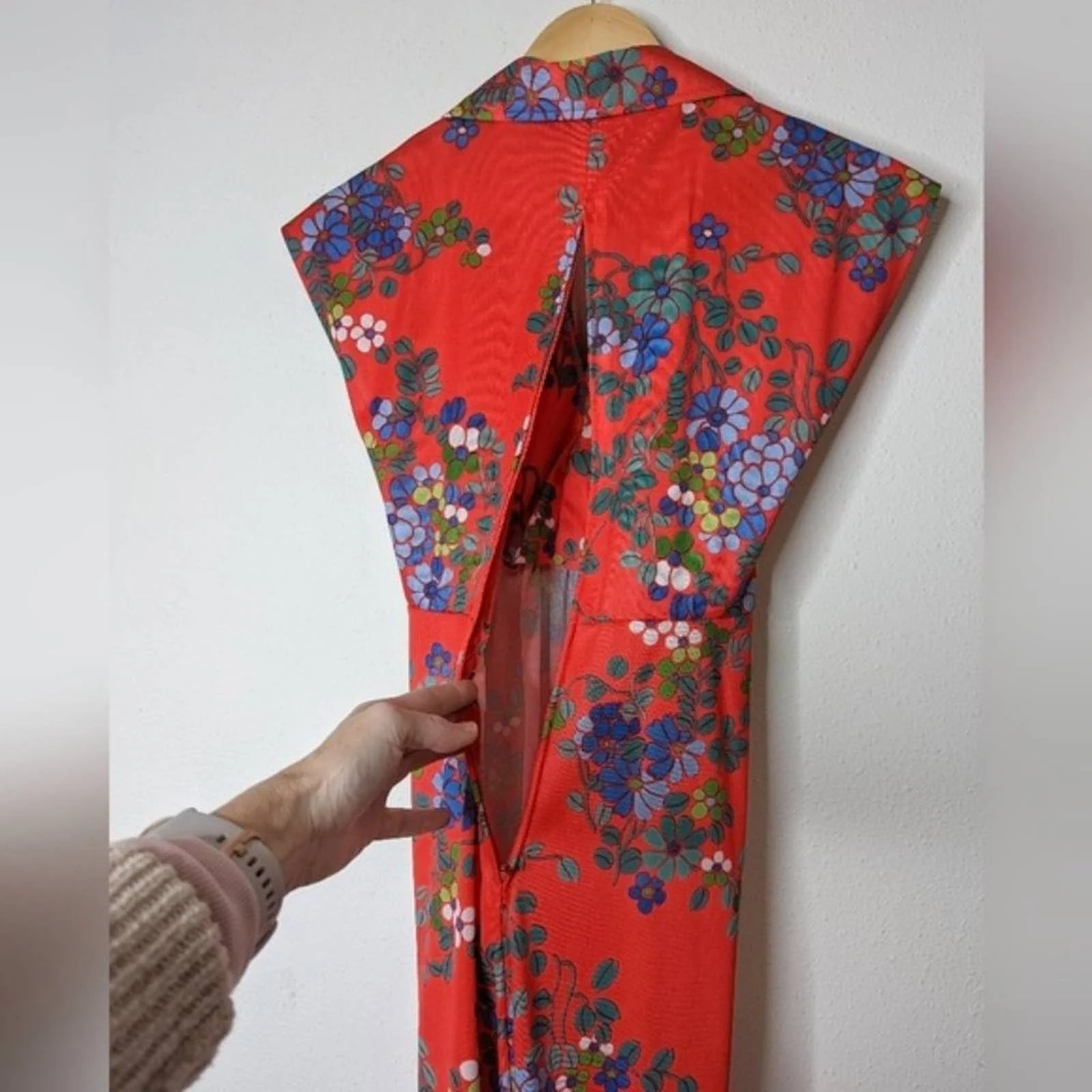 Vintage 70s Red Floral Cap Sleeve Tie Back Maxi Dress - Image 14