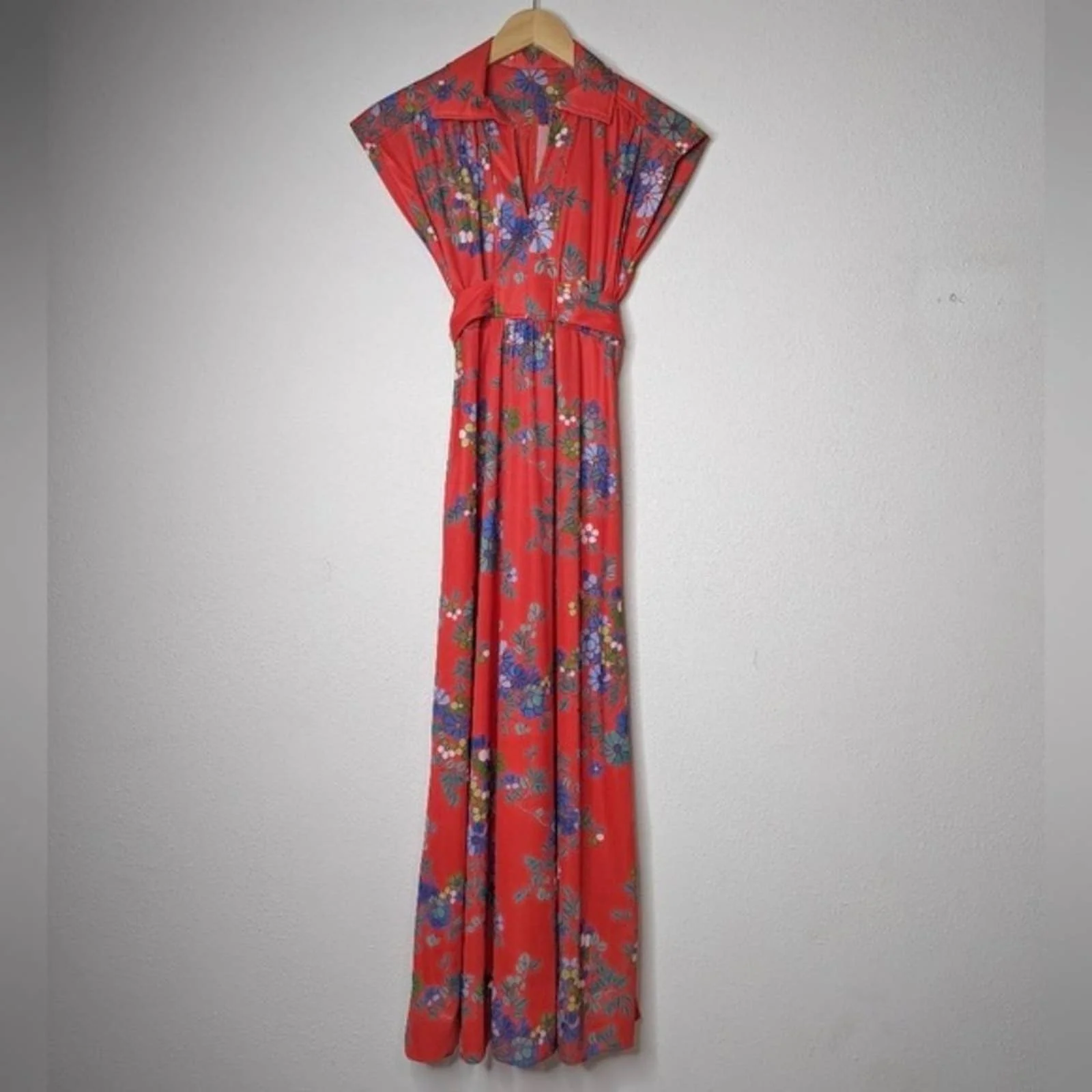 Vintage 70s Red Floral Cap Sleeve Tie Back Maxi Dress - Image 8