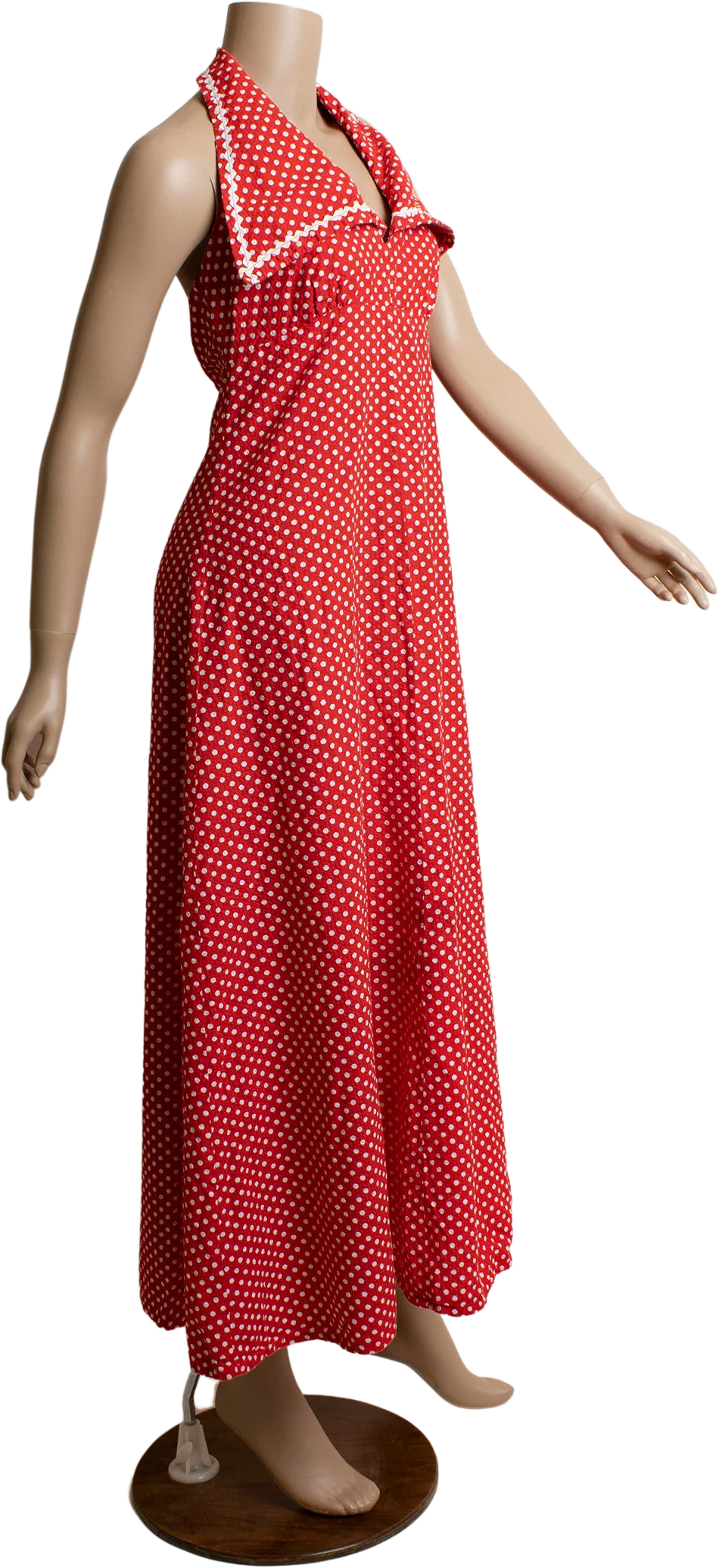 Vintage 70s Red Polka Dot Maxi Halter Dress Swiss Dot Style Sailor Collar Neckline Cotton Medium