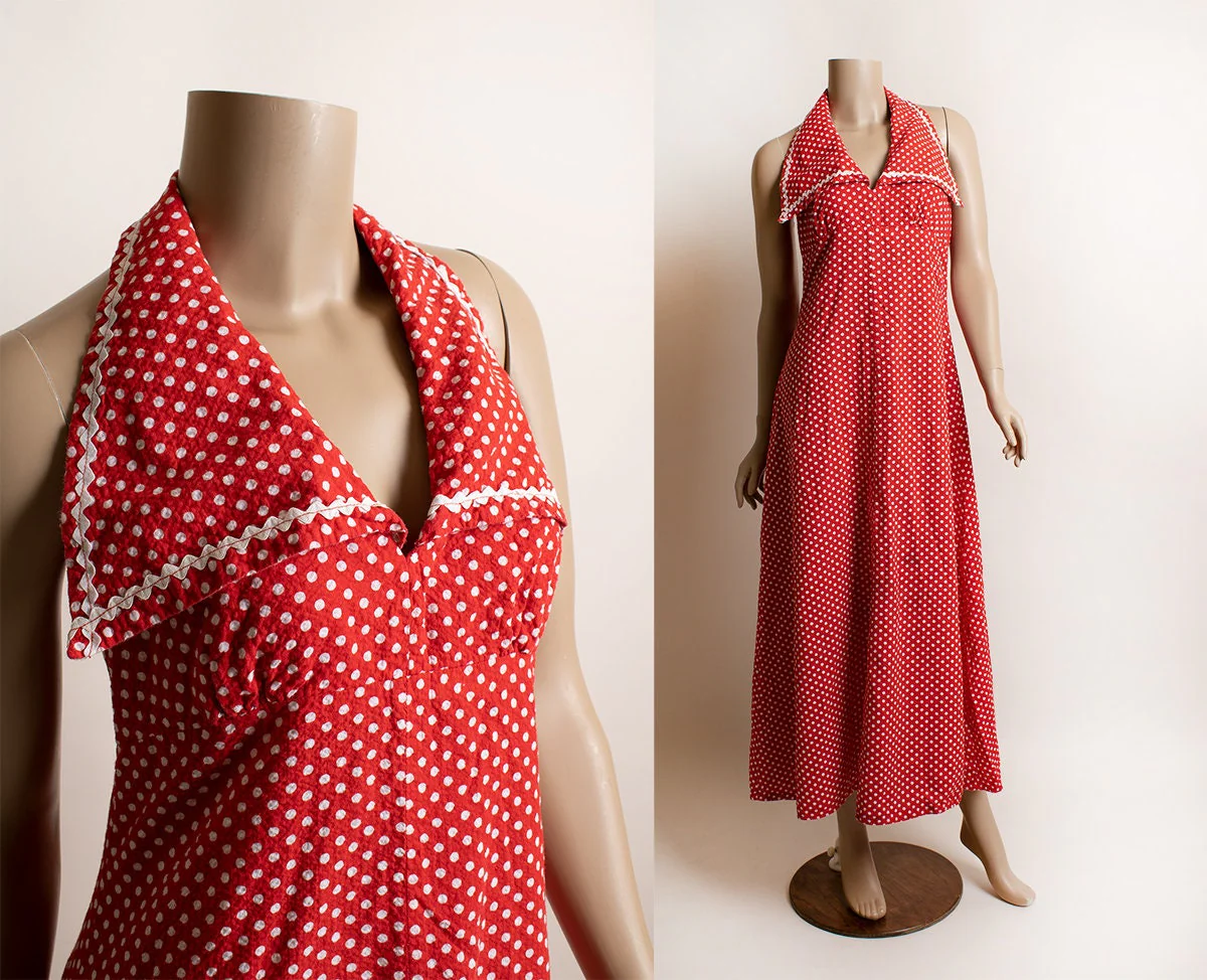 Vintage 70s Red Polka Dot Maxi Halter Dress Swiss Dot Style Sailor Collar Neckline Cotton Medium - Image 2