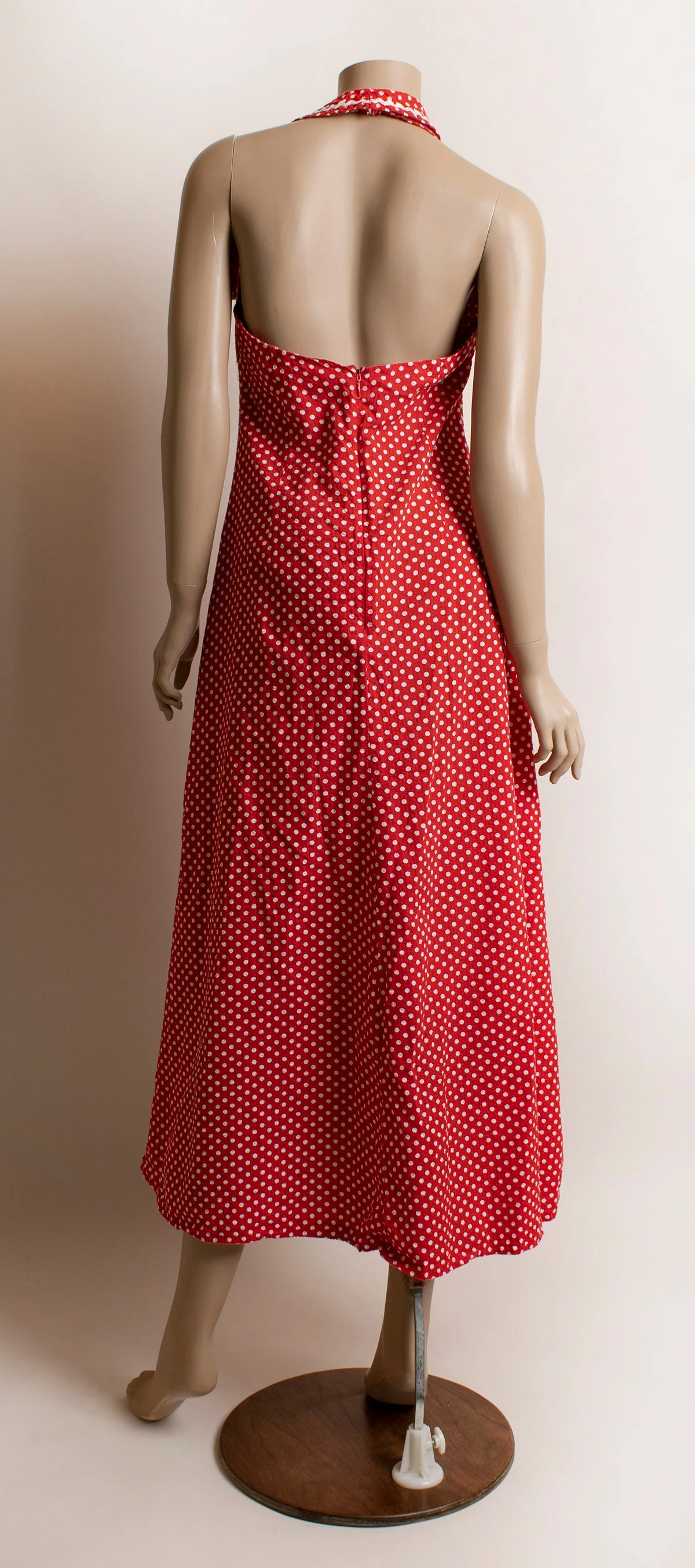 Vintage 70s Red Polka Dot Maxi Halter Dress Swiss Dot Style Sailor Collar Neckline Cotton Medium - Image 3