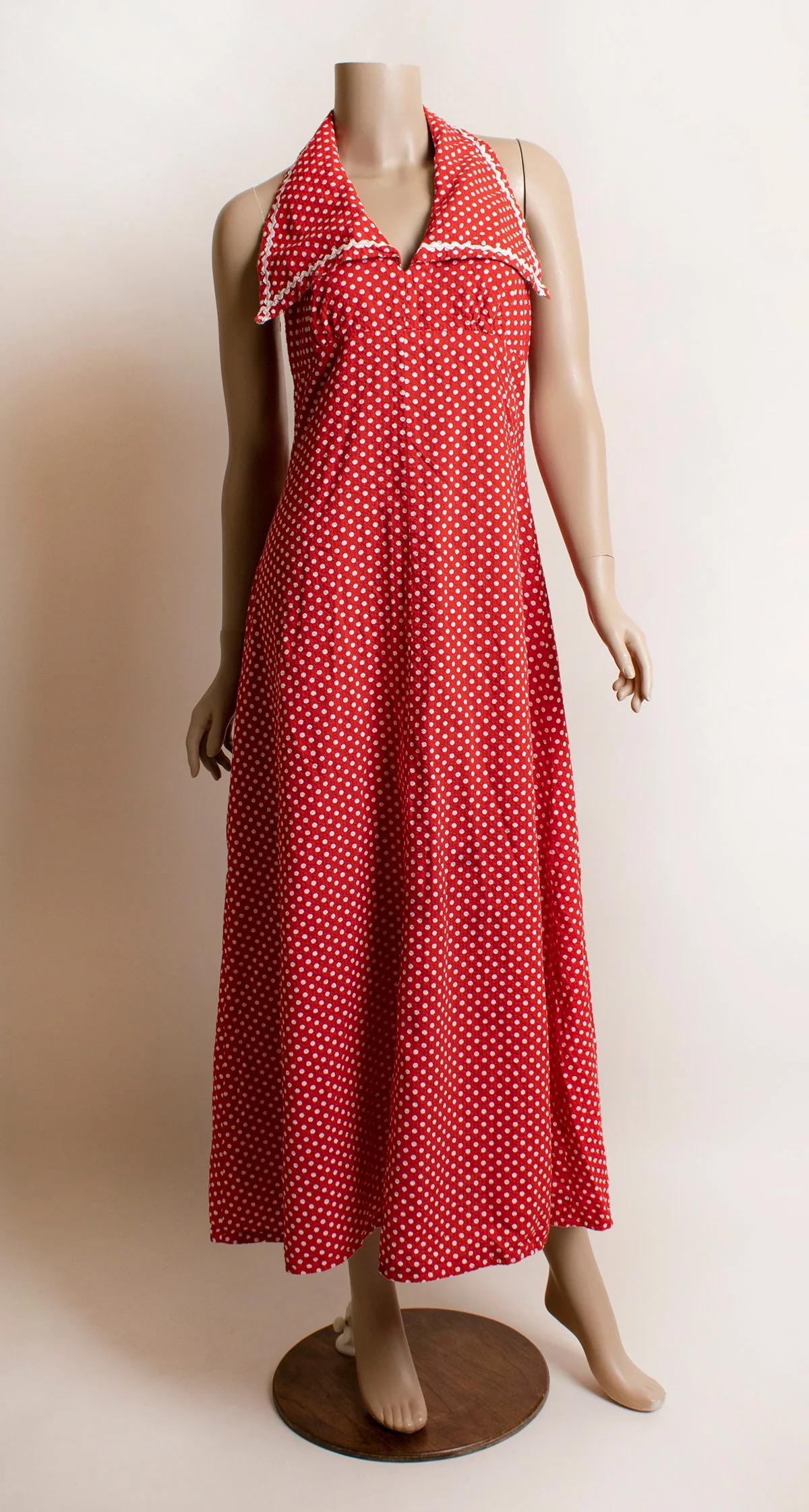 Vintage 70s Red Polka Dot Maxi Halter Dress Swiss Dot Style Sailor Collar Neckline Cotton Medium - Image 4