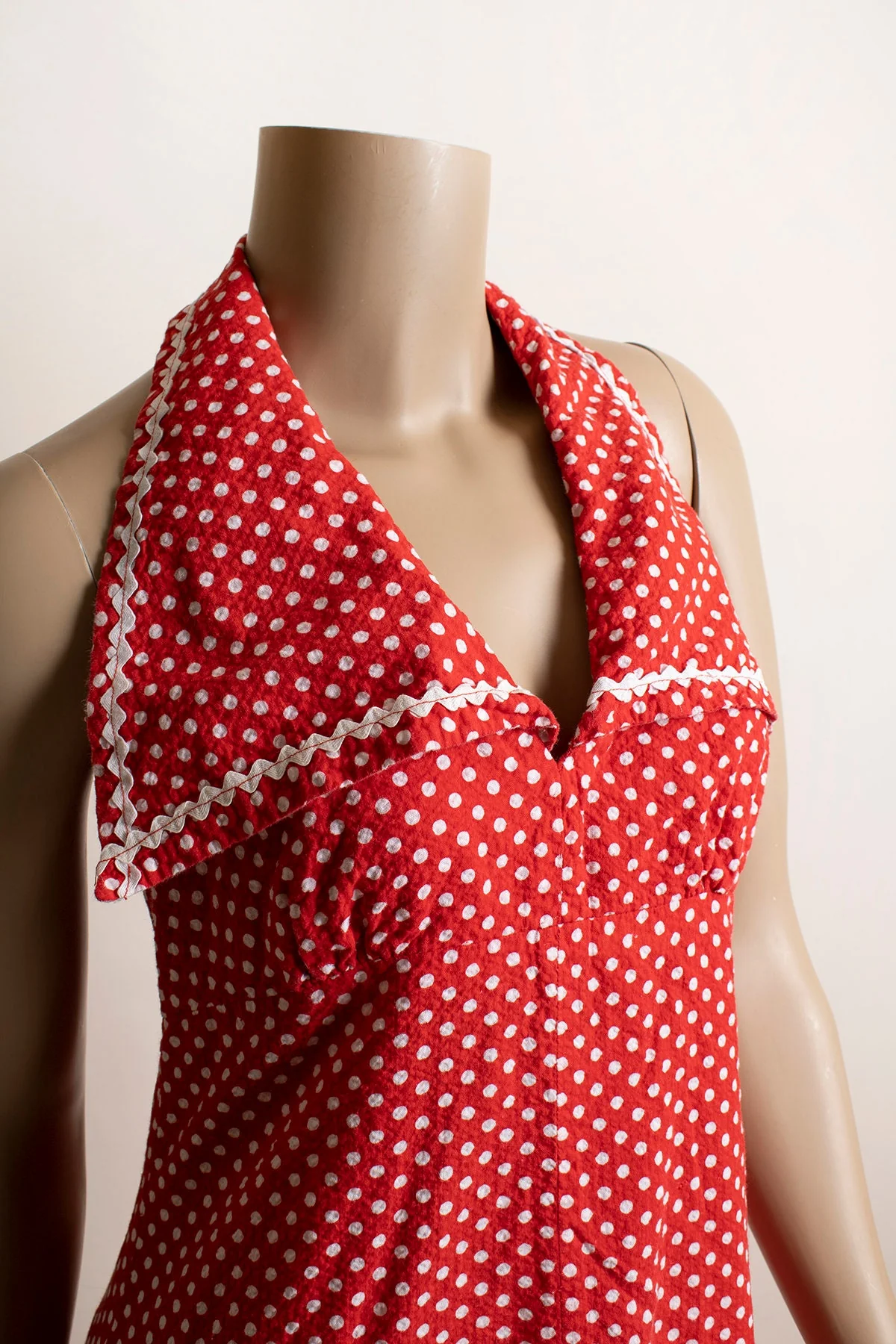 Vintage 70s Red Polka Dot Maxi Halter Dress Swiss Dot Style Sailor Collar Neckline Cotton Medium - Image 5