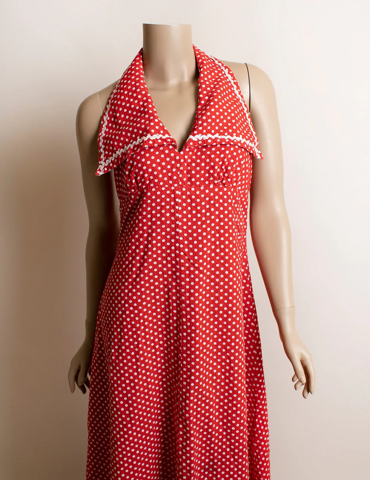 Vintage 70s Red Polka Dot Maxi Halter Dress Swiss Dot Style Sailor Collar Neckline Cotton Medium - Image 6