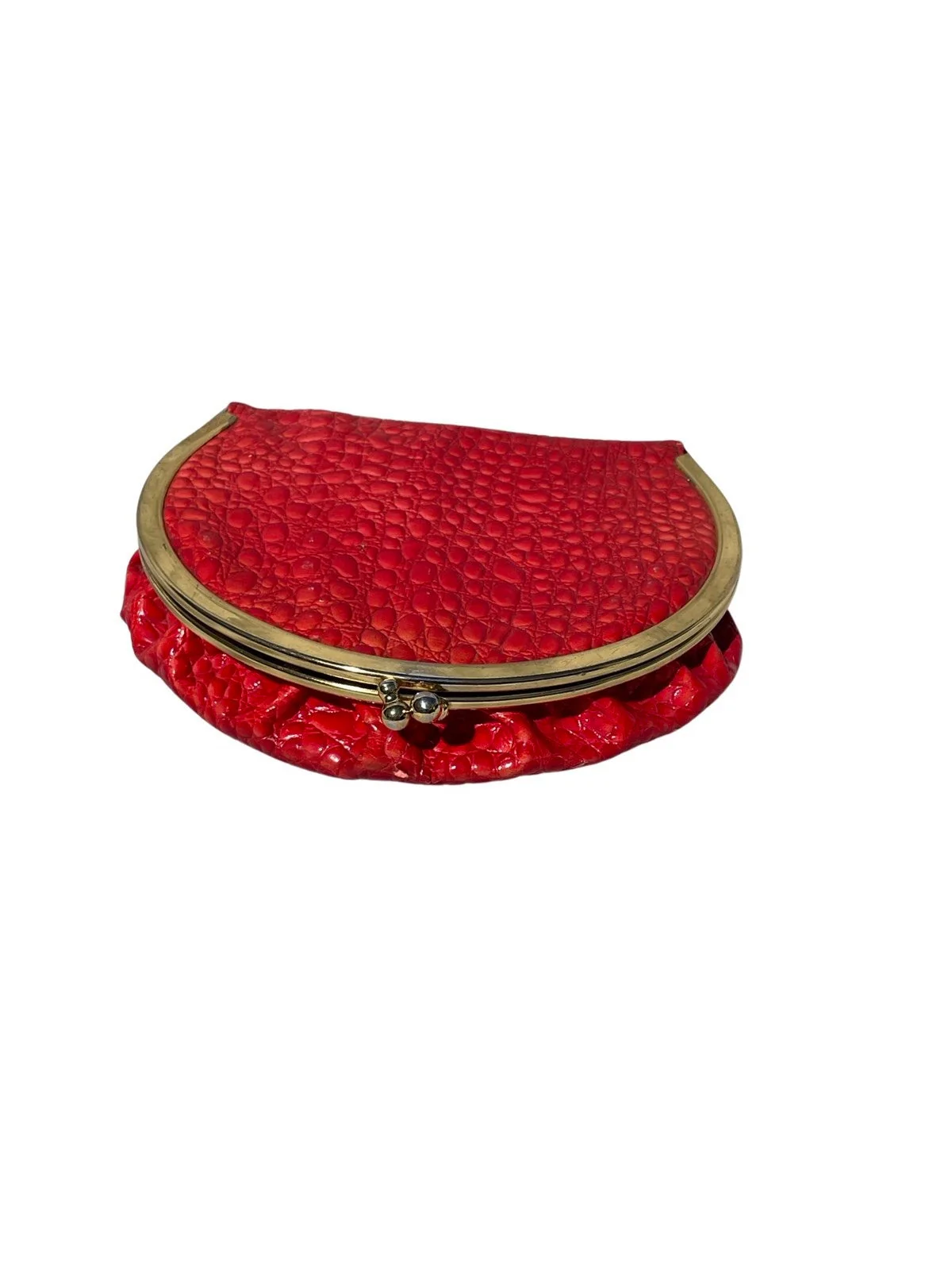 Vintage 70s Red Round Faux Alligator Patent Leather Clutch High Fashion Disco Purse Original Design Bag Handbag - Image 3