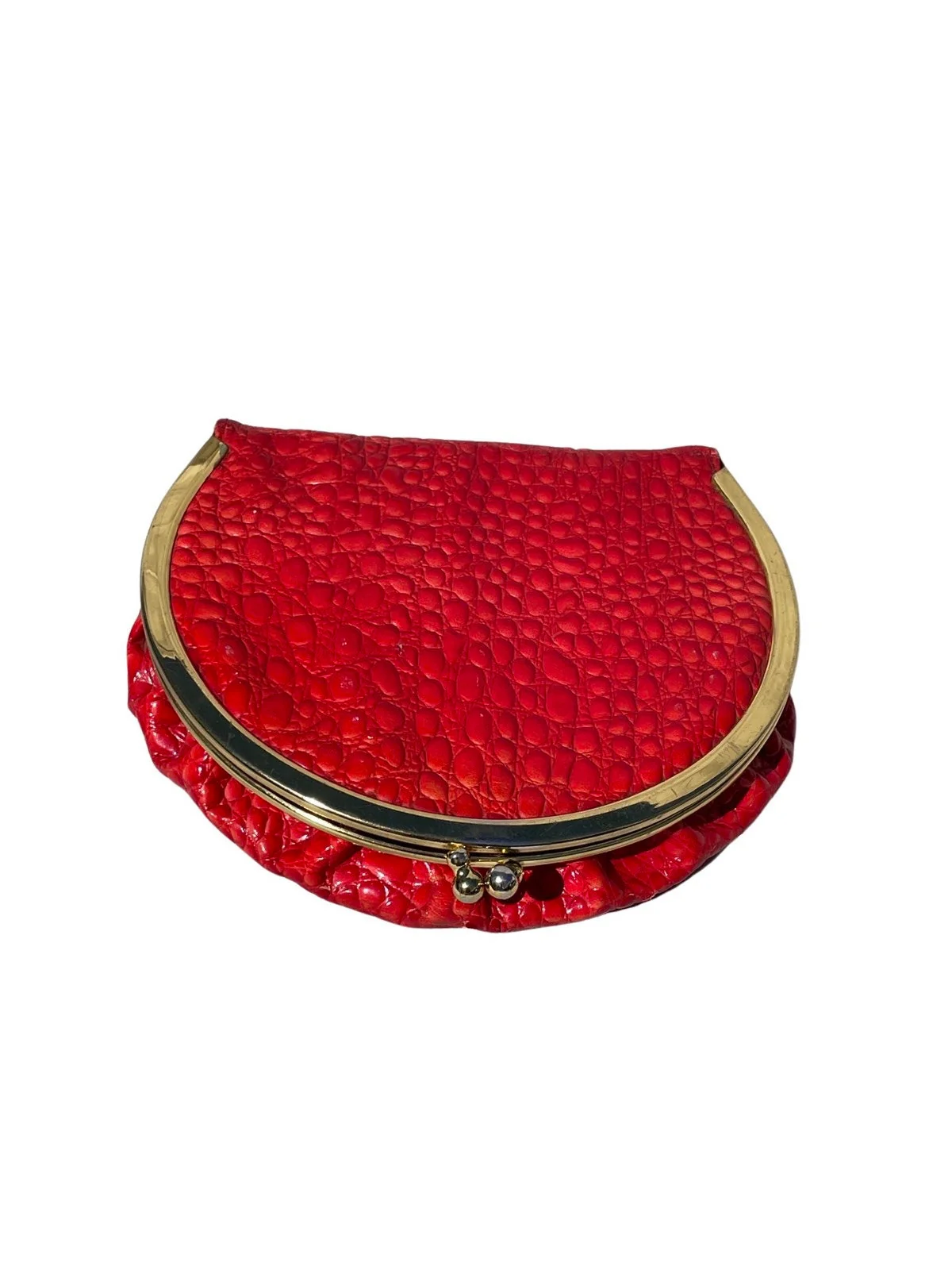 Vintage 70s Red Round Faux Alligator Patent Leather Clutch High Fashion Disco Purse Original Design Bag Handbag - Image 6