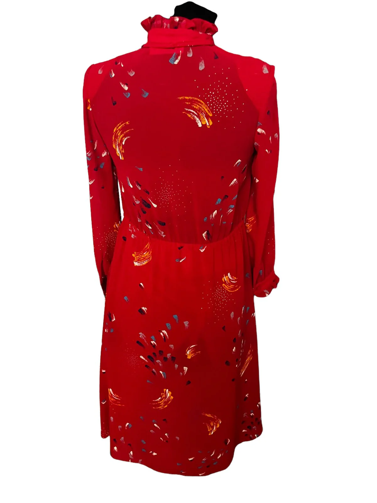 Vintage 70s Red Ruffled Long Sleeve Secretary Abstract Dress Fall Medium Cottage by Flower Fashion - Image 2