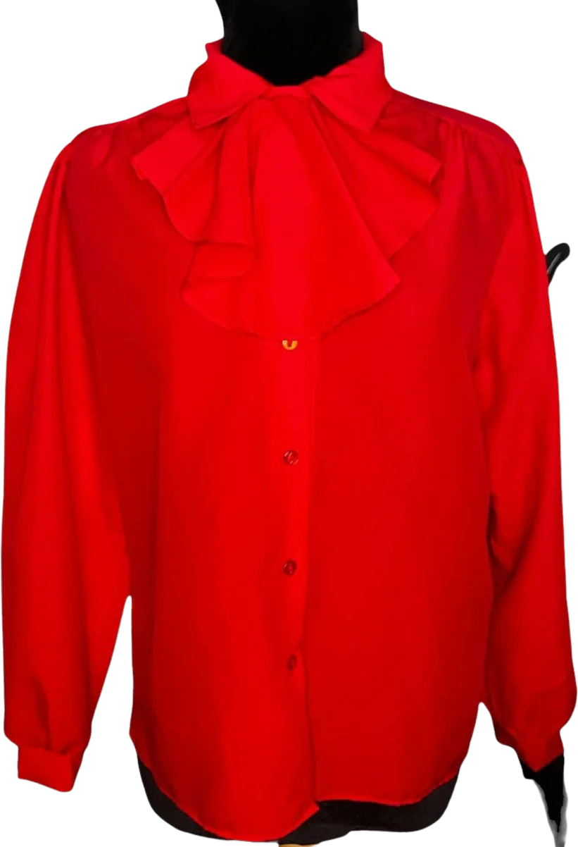 Vintage 70s Red Secretary Ruffle Button Up Blouse Fall Large 14 by Lady Manhattan