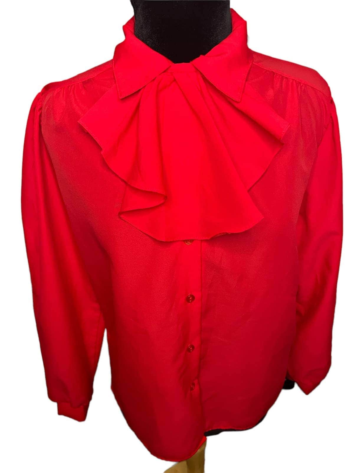 Vintage 70s Red Secretary Ruffle Button Up Blouse Fall Large 14 by Lady Manhattan - Image 3
