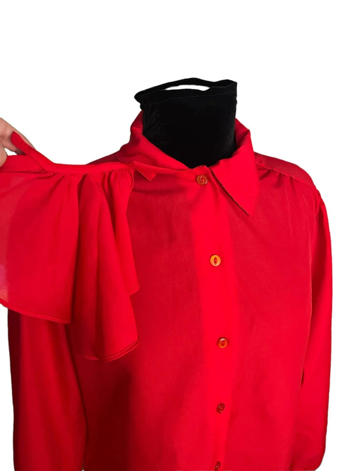 Vintage 70s Red Secretary Ruffle Button Up Blouse Fall Large 14 by Lady Manhattan - Image 5